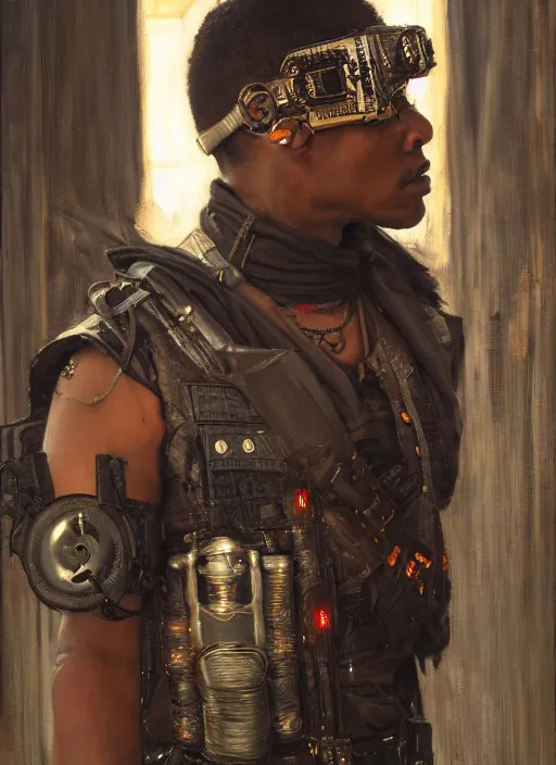 Image similar to Chidi. beautiful cyberpunk mercenary wearing military vest. Iranian orientalist portrait by john william waterhouse and Edwin Longsden Long and Theodore Ralli and Nasreddine Dinet, oil on canvas. Cinematic, hyper realism, dramatic lighting, high detail 4k