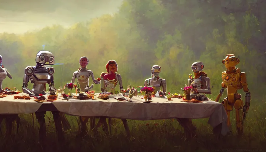 Prompt: a table dinner of android robots where robots are dressed like the characters from the midsommar movie, realistic detailed digital art by maxwell boas jessica rossier christian dimitrov anton fadeev trending on artstation cgsociety rendered in unreal engine 4 k hq