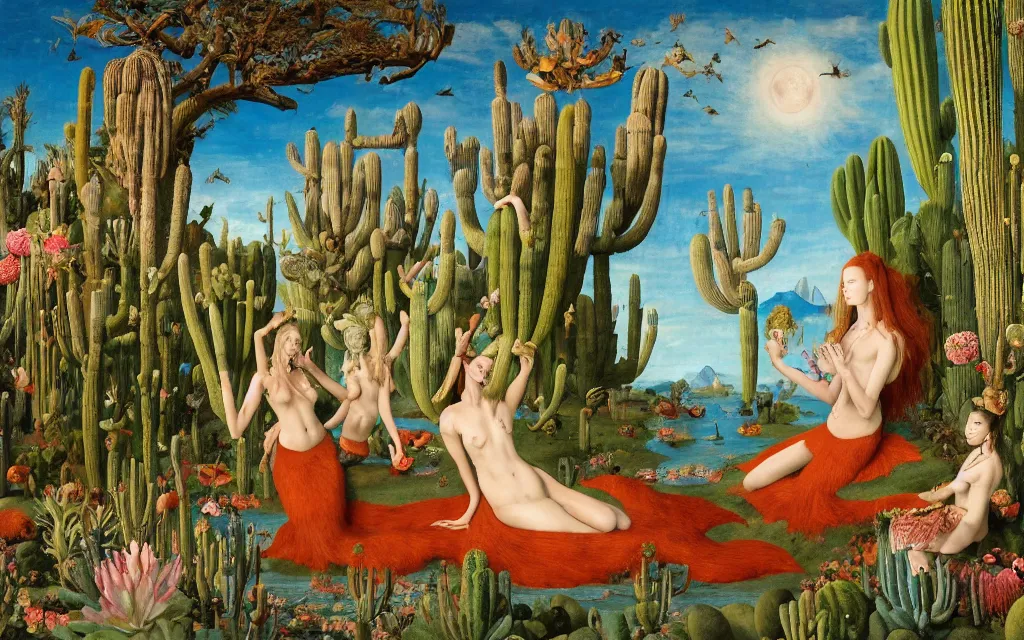 Prompt: a portrait photograph of a meditating mermaid werewolf and a centaur prince feeding tropical animals at a wide river delta. surrounded by bulbous flowers, animals, trees and cacti. mountain range under a vast blue sky of burning stars. painted by jan van eyck, max ernst, ernst haeckel and artgerm, cgsociety, artstation, fashion editorial