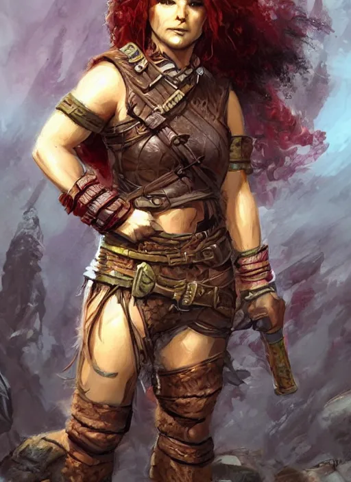 Image similar to halfling female barbarian, ultra detailed fantasy, dndbeyond, bright, colourful, realistic, dnd character portrait, full body, pathfinder, pinterest, art by ralph horsley, dnd, rpg, lotr game design fanart by concept art, behance hd, artstation, deviantart, hdr render in unreal engine 5