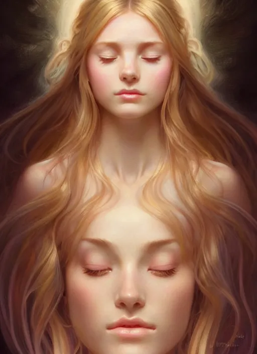 Image similar to perfectly feminine face meditation!! murky lighting, wind blowing, full body portrait of young fairy goddess blessed by nature with ever - increasing physical mental perfection, blonde, symmetrical! intricate, sensual, highly detailed, biblical divine holy perfection!! digital painting, artstation, concept art, smooth, sharp focus, by artgerm and greg rutkowski and alphonse mucha