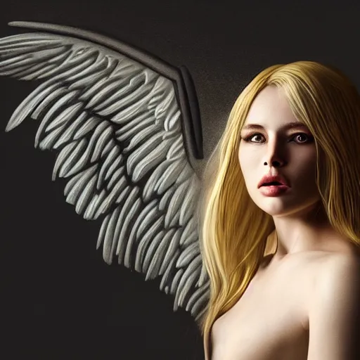 Image similar to very pretty blond female angel with large wings in a dark cave, perfect symmetrical face, shallow depth of field, moody lighting, single point of light, 8 k, concept art, in the style of martina fackova,