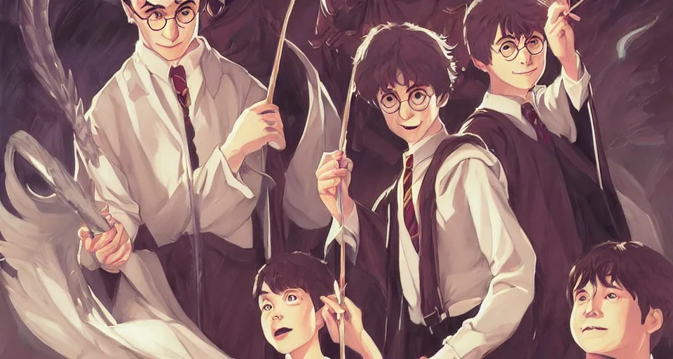 Image similar to harry potter, in the style of studio ghibli, j. c. leyendecker, greg rutkowski, artgerm