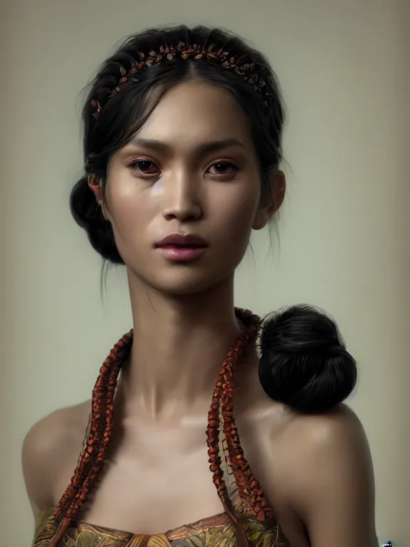 Image similar to beautiful portrait of a Subtropics minority female wearing fantastic costume,ivoy skin,long pigtail,intricate, elegant, highly detailed, dim volumetric lighting, 8k,octane,post-processing,digital painting, trending on artstation, concept art, smooth, sharp focus, illustration,by Tom Bagshaw and Daniel Gerhartz and Albert Aublet and Lawrence Alma-Tadema and alphonse mucha