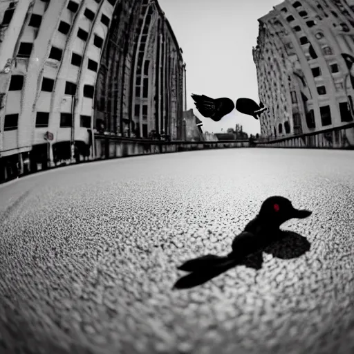 Prompt: skateboarding ducks, asphalt, fish eye lens, hip hop, urban, realistic, picture, full focus