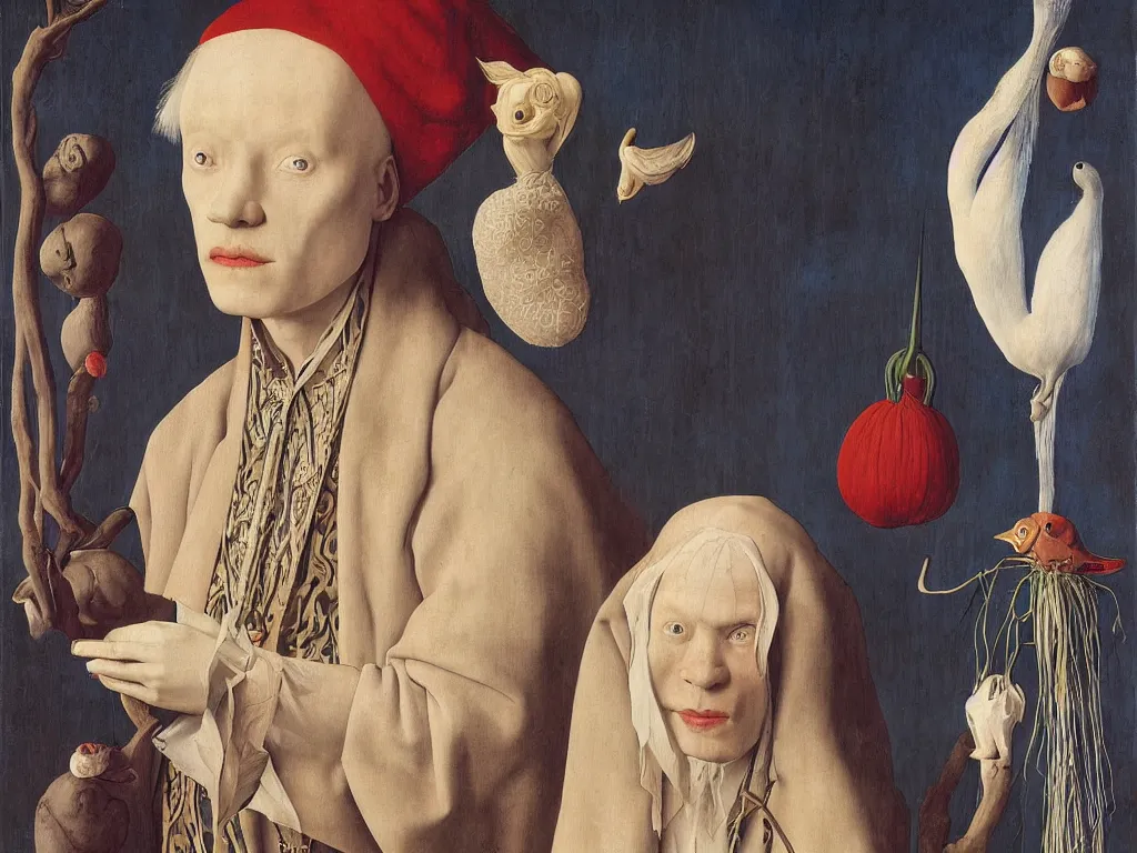 Prompt: portrait of albino mystic with blue eyes, with beautiful exotic orchid. Painting by Jan van Eyck, Audubon, Rene Magritte, Agnes Pelton, Max Ernst, Walton Ford