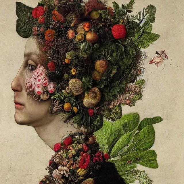 Prompt: a beautiful profile portrait of a woman, leaves, by giuseppe arcimboldo,, psychedelic, surreal, dreamlike, environmental friendly, nature.