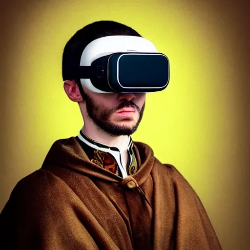 Image similar to Colour Caravaggio and Leonardo da Vinci style full body portrait Photography of Highly detailed Man wearing detailed Ukrainian folk costume designed by Taras Shevchenko with 1000 years perfect face wearing highly detailed retrofuturistic VR headset designed by Josan Gonzalez. Many details In style of Josan Gonzalez and Mike Winkelmann and andgreg rutkowski and alphonse muchaand and Caspar David Friedrich and Stephen Hickman and James Gurney and Hiromasa Ogura. Rendered in Blender and Octane Render volumetric natural light