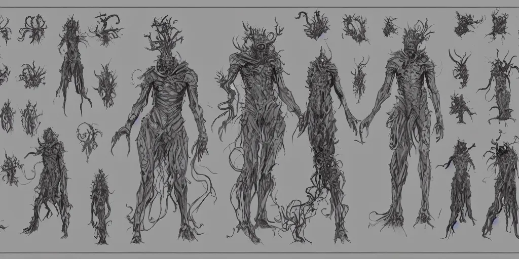 Image similar to lovecraftian god, character sheet, concept design, contrast, hot toys, kim jung gi, greg rutkowski, zabrocki, karlkka, jayison devadas, trending on artstation, 8 k, ultra wide angle, pincushion lens effect