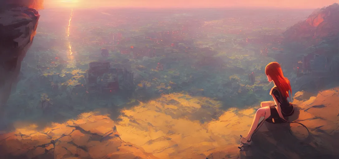 Image similar to a woman sitting on a cliff, burning city, dramatic sunset, by ilya kuvshinov, krenz cushart, Greg Rutkowski, trending on artstation