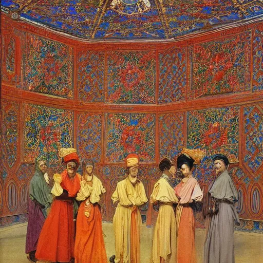 Image similar to brightly coloured patterns on its ceilings, osman hamdi bey style,