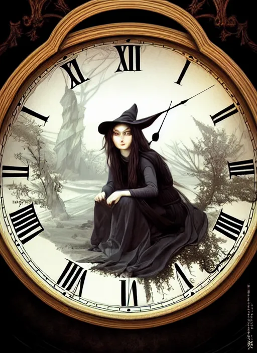 Prompt: a clock and a witch, elegant, sharp focus, illustration, highly detailed, digital painting, concept art, matte, art by wlop and artgerm and ivan shishkin and andrey shishkin, masterpiece