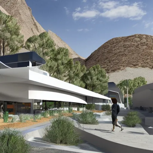 Prompt: architectural rendering by biophilia building in the desert