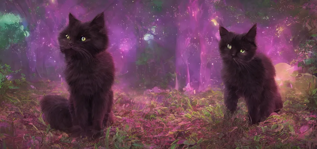 Image similar to ultra - realistic ultra - detailed adorable cute fluffy bioluminescent black cat in the style of ghibli kazuo oga, colorful fur, big ears, big purple eyes, forest landscape, dof, soft lighting, unreal engine, octane render