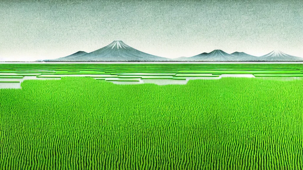 Image similar to a rice field in toyama city, japan, a collage painting, in the style of wes anderson, lola dupre, david hockney, isolated on negative white space background dark monochrome neon fluorescent spraypaint accents volumetric octane render
