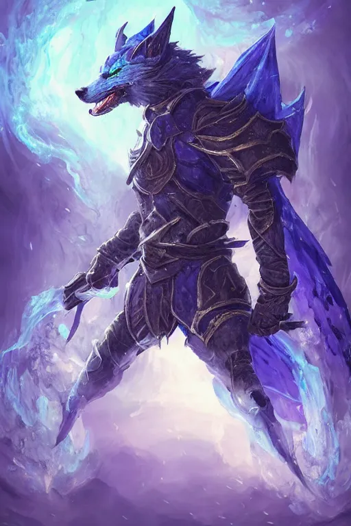 Image similar to anthropomorphic Azure wolf knight, DnD character art portrait, fantasy battleground, raining, blue flame, oil painting, heroic pose, magic the gathering artwork, D&D, fantasy, cinematic lighting, centered, symmetrical, highly detailed, digital painting, artstation, concept art, chromatic aberration, post processing, smooth, sharp focus, illustration, volumetric lighting, epic Composition, 8k, art, DeviantArt, trending on Artstation, Jason Felix, Steve Argyle, Tyler Jacobson, Peter Mohrbacher, Akihiko Yoshida, Greg Rutkowski, Craig Mullins, Frank Frazetta, cinematic lighting