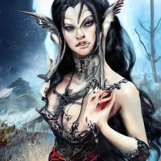 Prompt: a voluptuous evil female dark elf witch holding a skull, photo real, very realistic