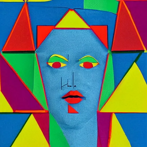 Prompt: A human face in 5 colorful triangles in the style of Bauhaus