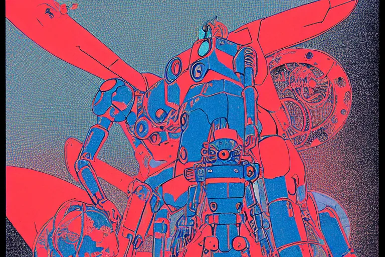 Prompt: risograph grainy drawing vintage sci - fi, satoshi kon color palette, gigantic gundam full - body covered with human bodies and wires, with lot tentacles, vermilion - blue and black - grey palettes, codex seraphinianus painting by moebius and satoshi kon and dirk dzimirsky close - up portrait