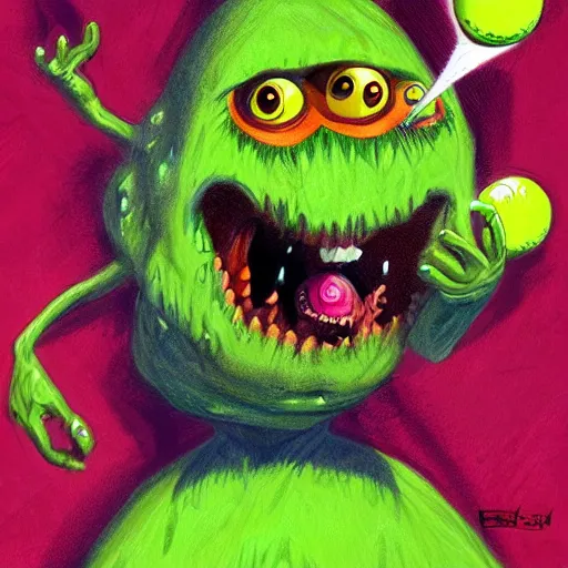 Image similar to a screaming tennis ball monsters, startled surprised face, oh shit face, colorful, digital art, fantasy, magic, chalk, trending on artstation, ultra detailed, professional illustration by basil gogos