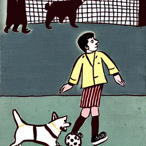 Image similar to illustration of french boy on the streets of paris playing football against a corgi, the dog is wearing a polka dot scarf, comic, 1 9 7 2