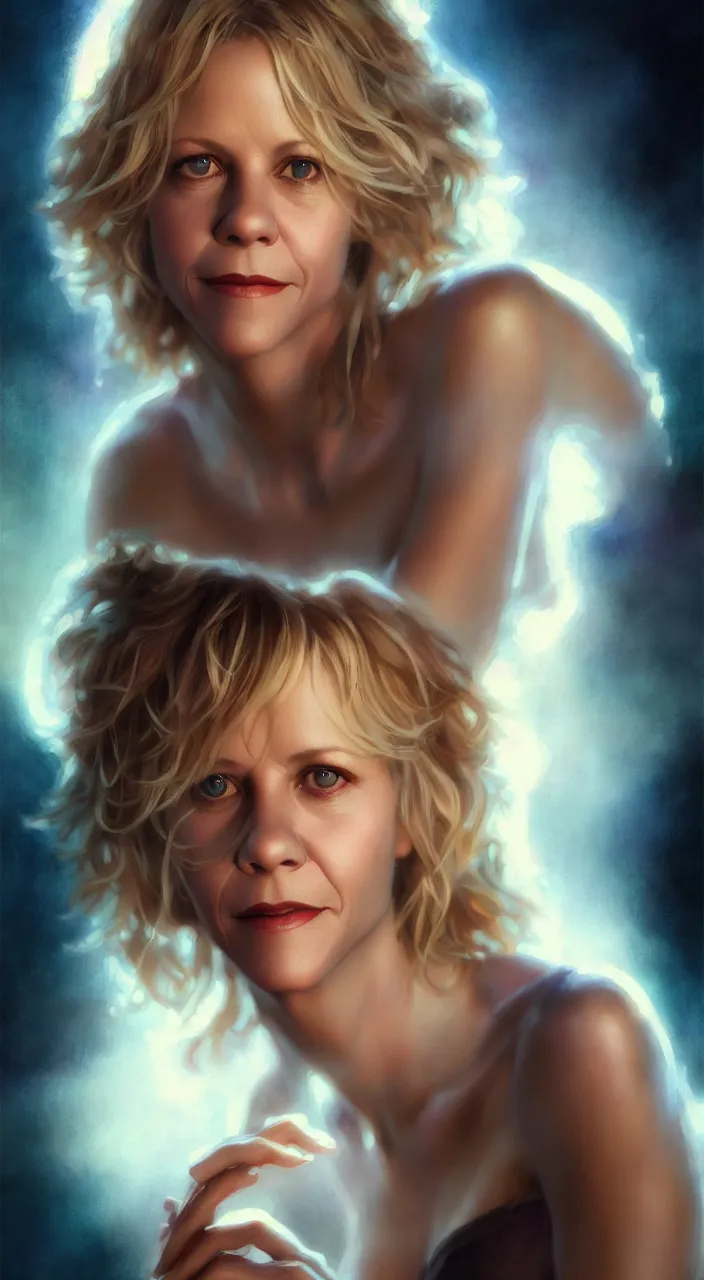 Image similar to photo of meg ryan, film still, dslr, by greg rutkowski, enoch bolles, ross tran, artgerm, wlop glossy skin, intricate detail, art deco, pearlescent, very coherent, cute