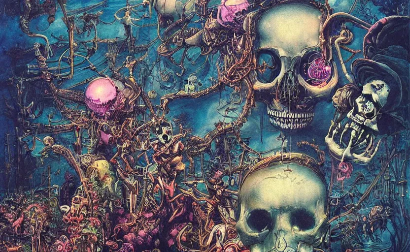 Prompt: lost in wonderland with skeletons surfing on hypercomplex brainwaves, a grand scale dystopic event of clockwork phantasmagoria by lisa frank and beksinski and mike deodato