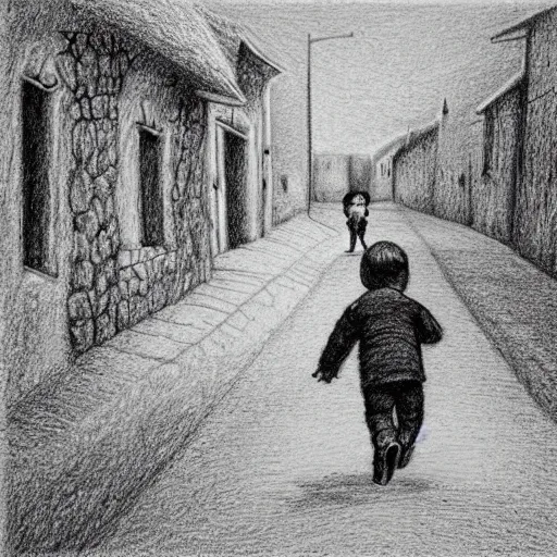 Image similar to rich detailed pencil drawing of little nicholas walking along a lonely village street, by jean - jacques sempe