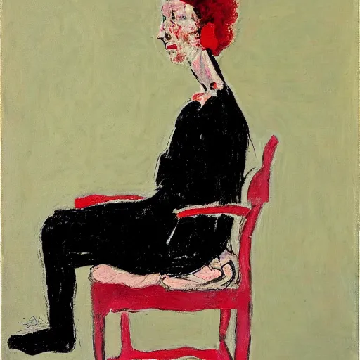 Image similar to painting of a woman sitting on a chair, staring at you, by georg baselitz