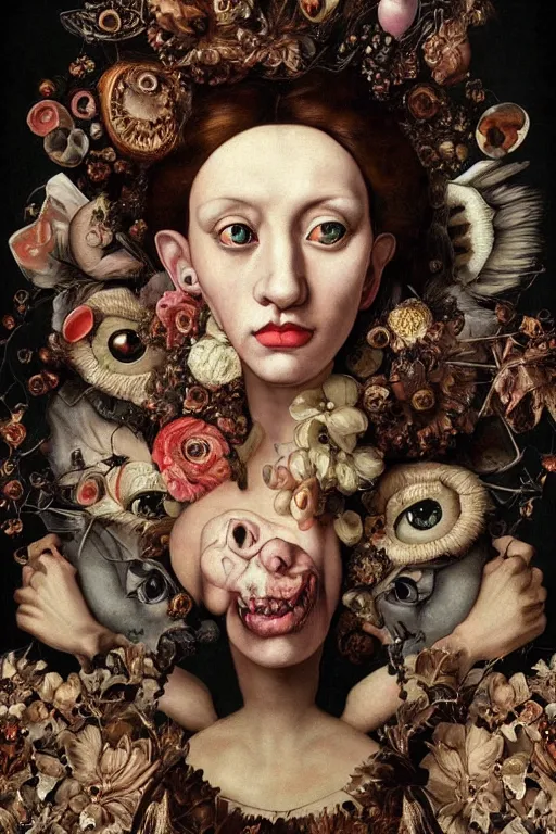 Image similar to Detailed maximalist portrait with large lips and with large wide eyes, surprised expression, extra flesh and eyes, HD mixed media, 3D collage, highly detailed and intricate, surreal illustration in the style of Caravaggio, dark art, baroque