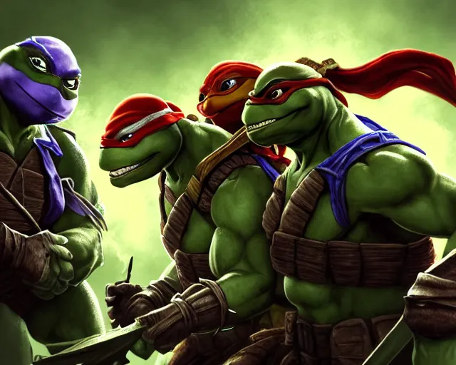 Image similar to a gaming screenshot still portrait of teenage mutant ninja turtles in mortal kombat, deep focus, d & d, fantasy, intricate, elegant, highly detailed, digital painting, artstation, concept art, matte, sharp focus, illustration, dark fantasy style art, hearthstone, art by artgerm and greg rutkowski and alphonse mucha