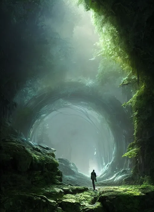 Image similar to a man standing in a tunnel in the middle of a forest, a matte painting by stephan martiniere, featured on cgsociety, fantasy art, matte painting, unreal engine 5, tesseract