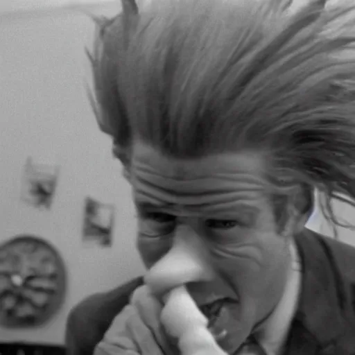 Image similar to photo of a man with bananas sticking out of his face, the ends of the bananas are exploding with firecrackers. Screenshot from Eraserhead. Cinematic 35mm motion blur film grain.