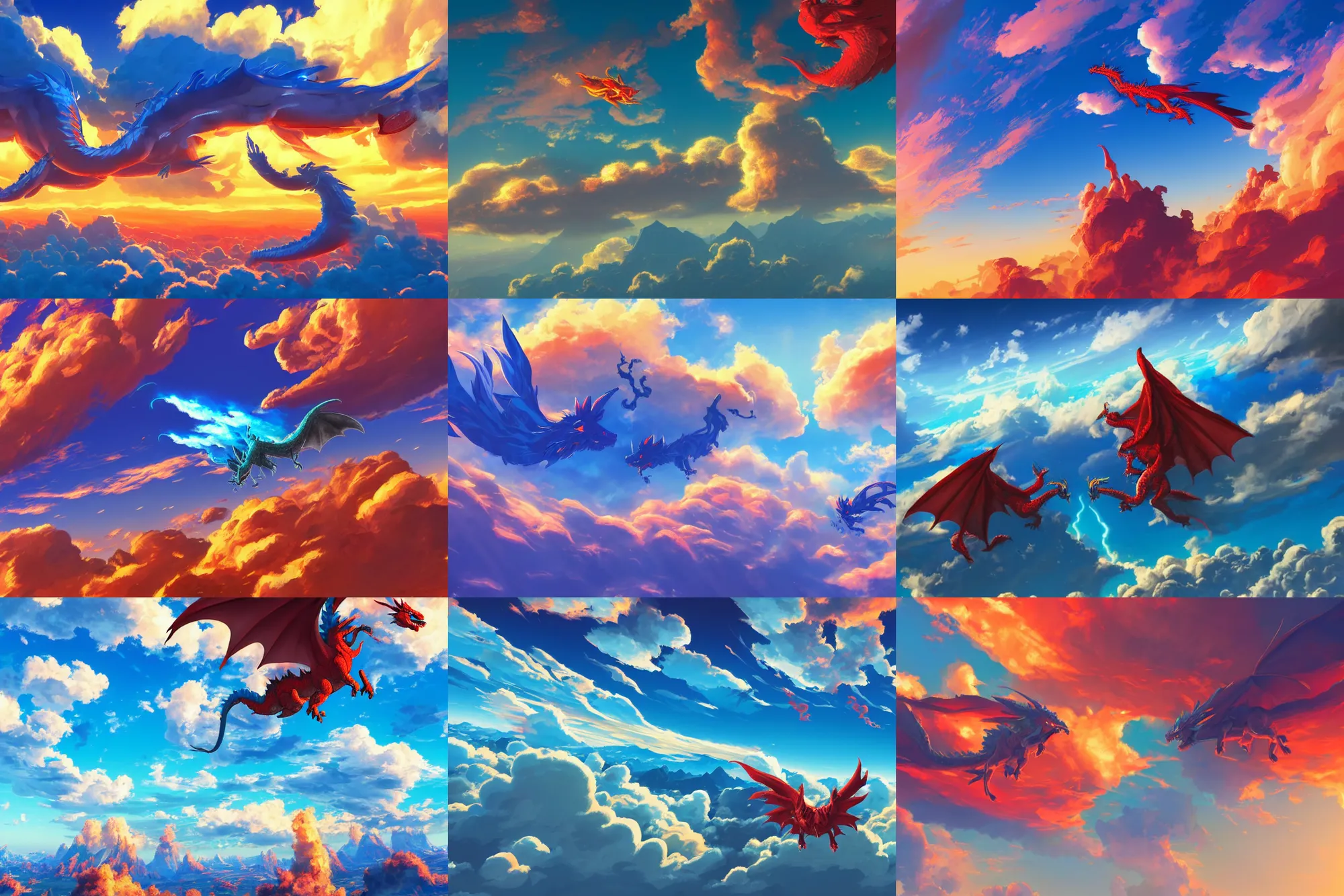 Prompt: a blue dragon and a red dragon flying together in the sky, cumulonimbus clouds, wide angle, aerial view, breath of the wild style, ghibli, epic composition, 8k vray render, golden-hour