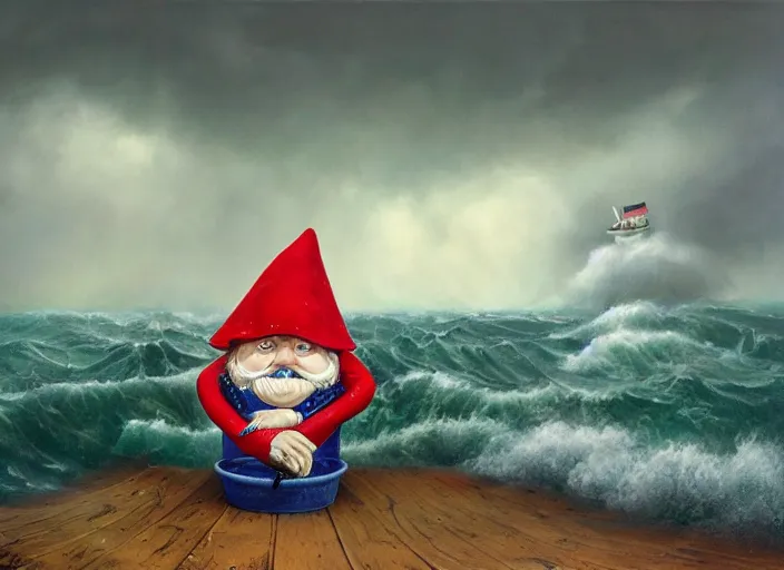 Image similar to a terrified garden gnome sailing in a bucket, background of raging ocean on a stormy day with dramatic clouds, an ultrafine detailed painting by mark ryden, trending on deviantart, pop surrealism, whimsical, lowbrow, rainy, perfect symmetrical face