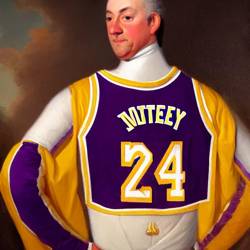 Prompt: official portrait of the los angeles lakers dictator, 1 7 8 0, in full lakers military garb. oil on canvas by william sidney mount, oil on canvas, octane render