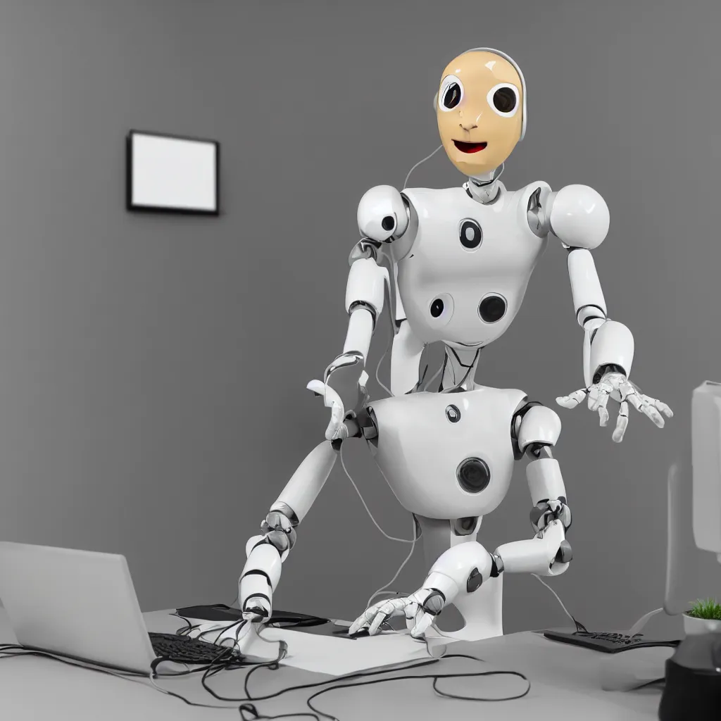 Image similar to a cheerful humanoid robot wearing a headset, typing at a computer, cartoon style, friendly