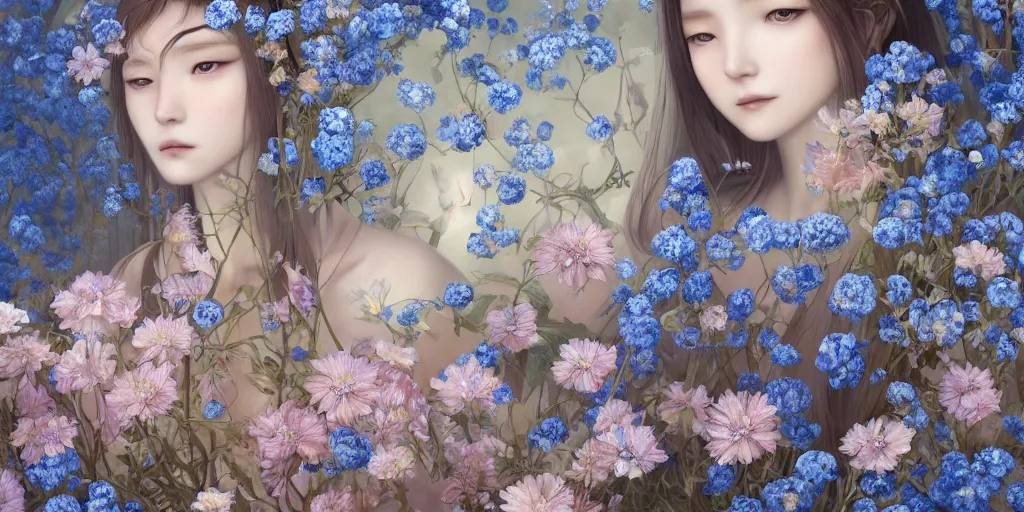 Image similar to breathtaking detailed concept art painting of the goddess of nemophila flowers, orthodox saint, with anxious, piercing eyes, ornate background, amalgamation of leaves and flowers, by Hsiao-Ron Cheng, James jean, Miho Hirano, Hayao Miyazaki, extremely moody lighting, 8K