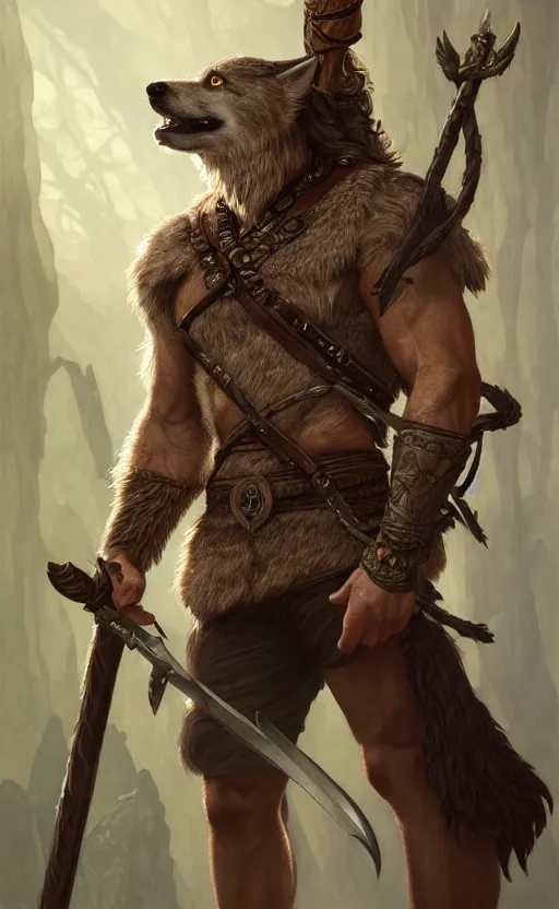 Image similar to full body portrait of a gruff ranger with a spear, wolf companion, muscular, handsome face, hairy body, D&D, fantasy, intricate, elegant, highly detailed, digital painting, artstation, concept art, matte, sharp focus, illustration, art by Artgerm and Greg Rutkowski and Alphonse Mucha