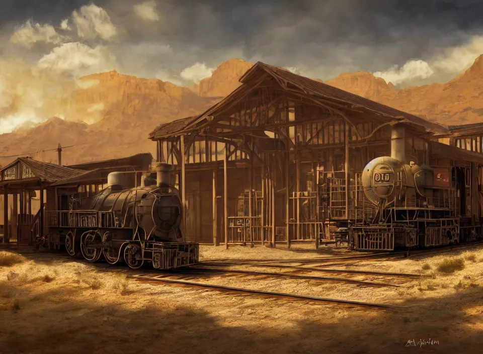 Prompt: a train station as the period of the wild west concept art, historical setting, desert environment, serene lighting, atmospheric, cinematic, gorgeous, in the style of diego koi, gina heyer, luiz escanuela, art by alyssa monk, hyperrealism, rule of thirds, golden ratio, oil on canvas, 8 k