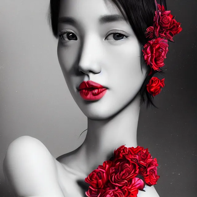 Prompt: studio portrait of an absurdly beautiful, elegant, young hypercolorful sensual gravure idol rubies and red petals, ultrafine hyperrealistic detailed face illustration by kim jung gi, irakli nadar, intricate linework, sharp focus, bright colors, matte, octopath traveler, final fantasy, unreal engine highly rendered, global illumination, radiant light, intricate environment