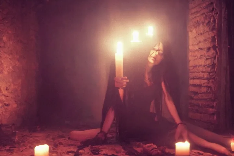 Image similar to VFX movie of ascending goth woman in the decadent attic, demonic magic ritual, candles, glowing eyes, natural lighting at night by Emmanuel Lubezki