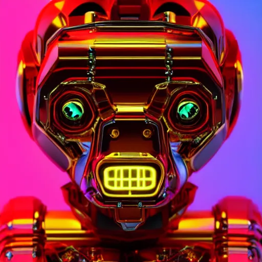 Prompt: portrait photo of a cute gold and red glossy metallic futuristic steampunk robot ape with multicolored glowing gears and tubes and cables, crisp, fluorescent colors, insanely detailed, 3 d render, front shot