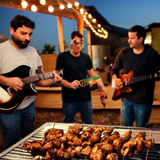 Prompt: three guys in night at the yard speaking while grilling kebabs and one guy playing guitar