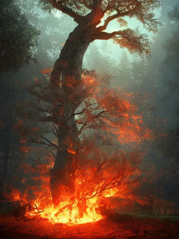 Prompt: portrait art of oak tree on fire in hell 8k ultra realistic , lens flare, atmosphere, glow, detailed,intricate, full of colour, cinematic lighting, trending on artstation, 4k, hyperrealistic, focused, extreme details,unreal engine 5, cinematic, masterpiece