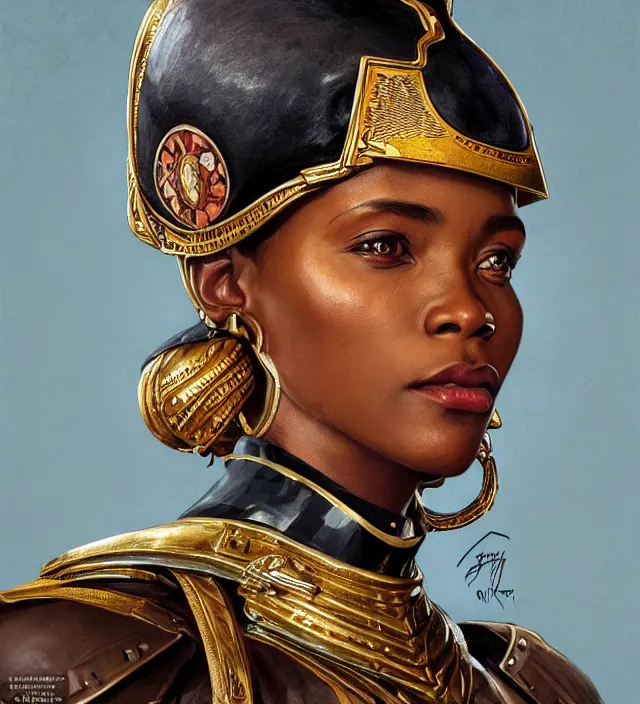 Prompt: portrait of an south african woman wearing a traditional nineteenth century south african empire military uniform, metal shoulder pauldrons, intricate, highly detailed, digital painting, artstation, concept art, sharp focus, cinematic lighting, illustration, art by artgerm and greg rutkowski, alphonse mucha, cgsociety