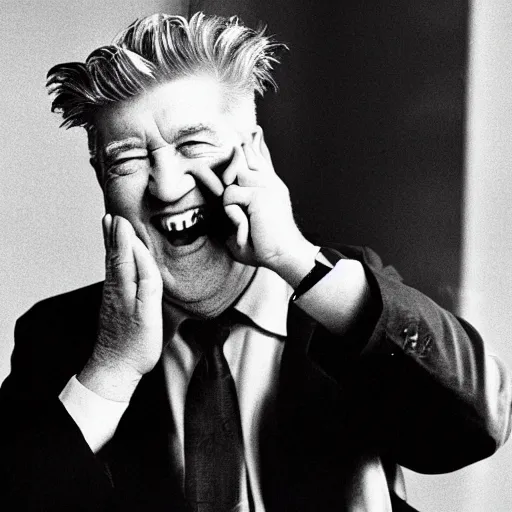 Image similar to David Lynch holding a phone laughing