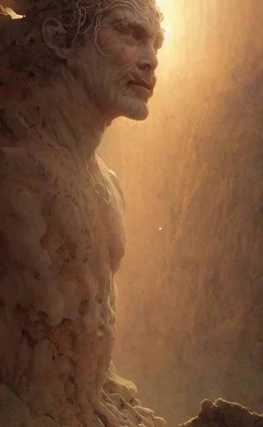 Prompt: an ancient man made of dust and earth, a mythological being that came from mud and clay, a pagan creation, gigantic, incomprehensible and frightening, trending on artstation, volumetric lighting, atmospheric portrait, highly detailed, art by greg rutkowski and alphonse mucha