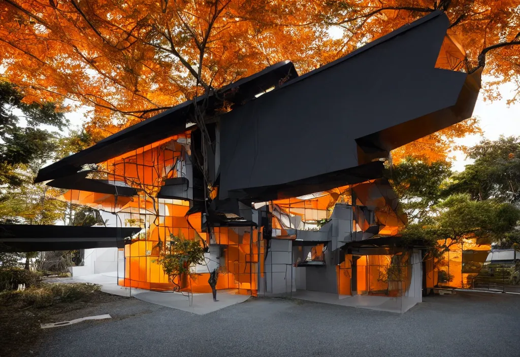 Image similar to photo of the exterior of a futuristic organic japanese house, dramatic lighting, black and orange colour palette, wide angle shot, archviz