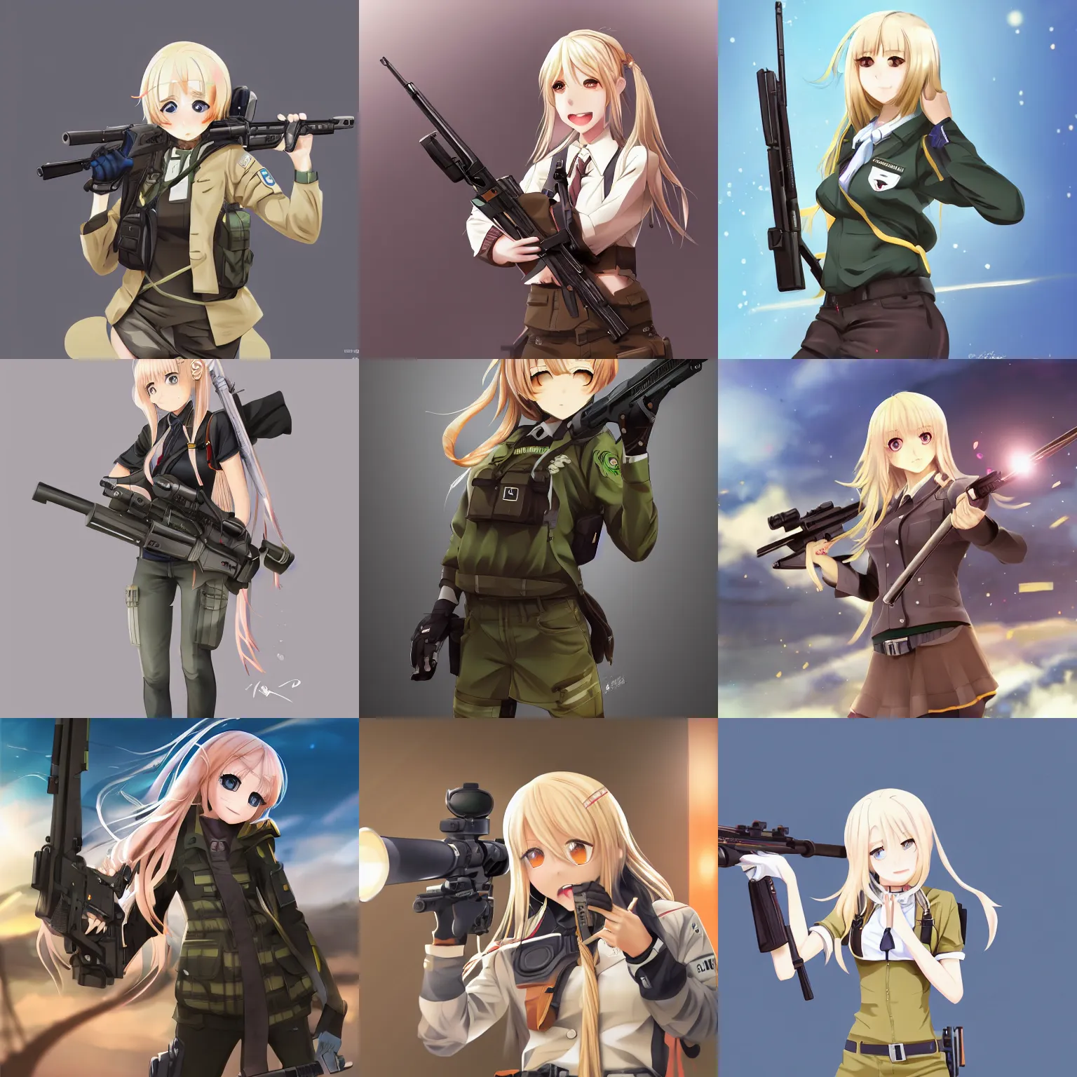 Prompt: anime, full body, cute, female, a blonde haired cute girl wearing a school uniform and holding a sniper rifle, gorgeous lighting, highly detailed, digital painting, art station, sharp focus, high quality, frontal view, illustration, concept art, advanced digital anime art